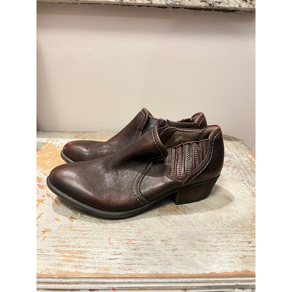 Born Brown Leather Ankle Boots Sunburn 9.5M Zip Low Block Heel Bootie